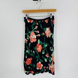 Loco Lindo Womens Black Coral Rose Floral Rayon Midi Skirt Made in USA Size M